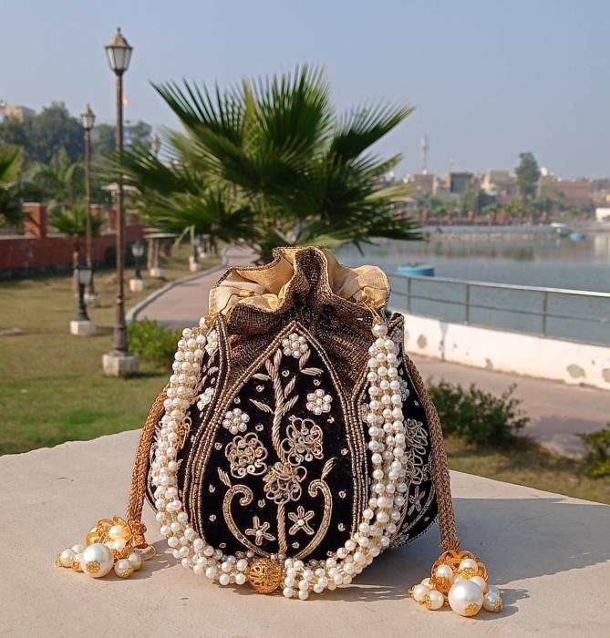 Wedding Wear Embroidered Lotus Dabka Shaped Potlies Catalog
